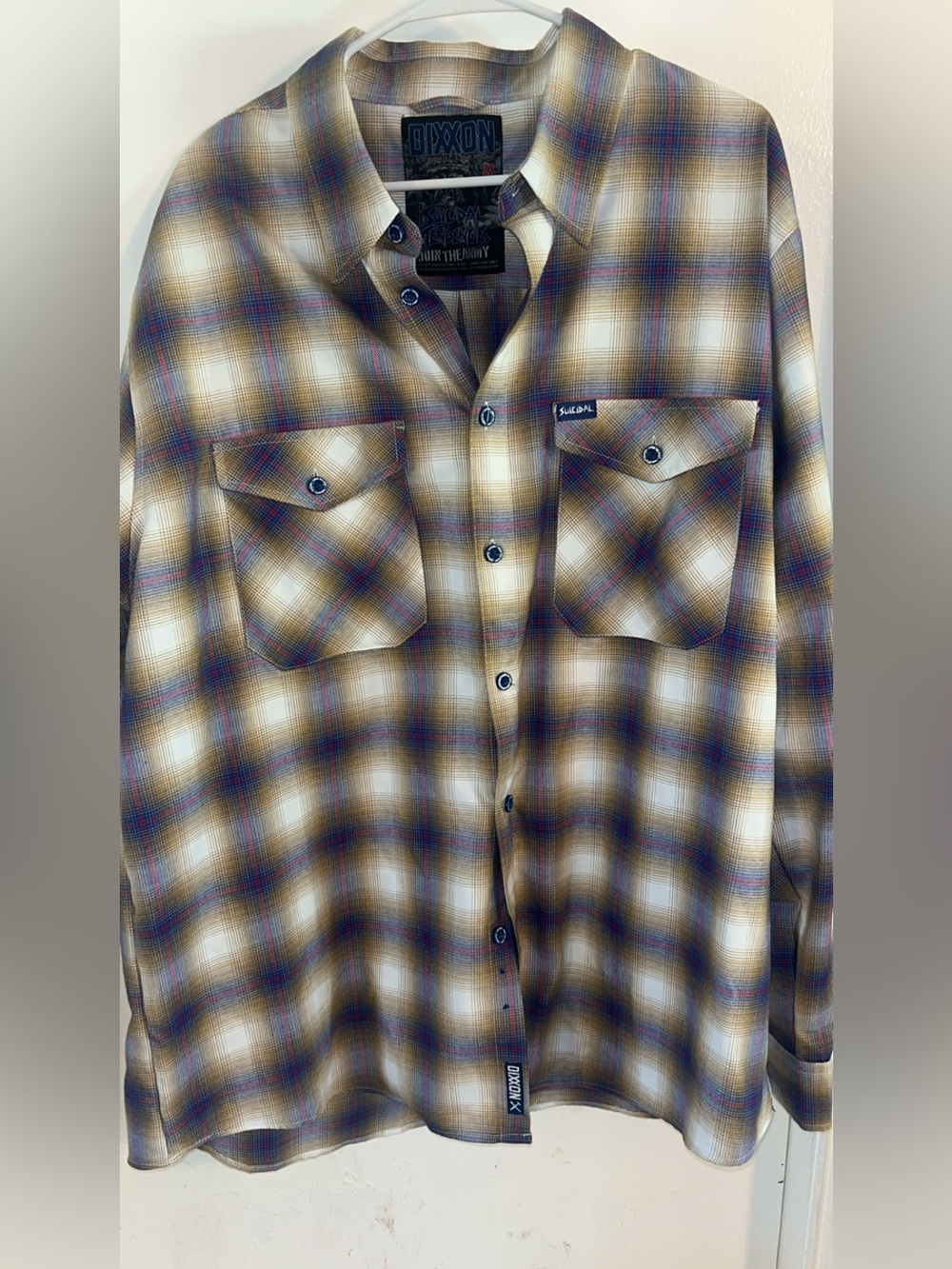 DIXXON Men's Plaid Button-Down Shirt in Tan, Blue and Cream
